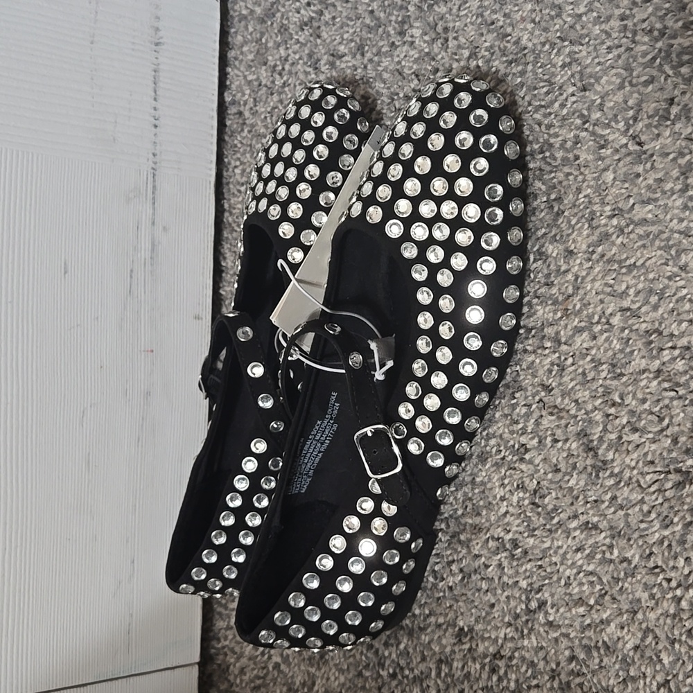 Black Rhinestone Studded Mary Jane Ballet Flats Style Shoes, Size 6.5, NEW W/Tag - Picture 2 of 15